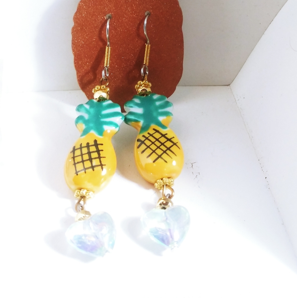 Ceramic Pineapple And Heart Earrings